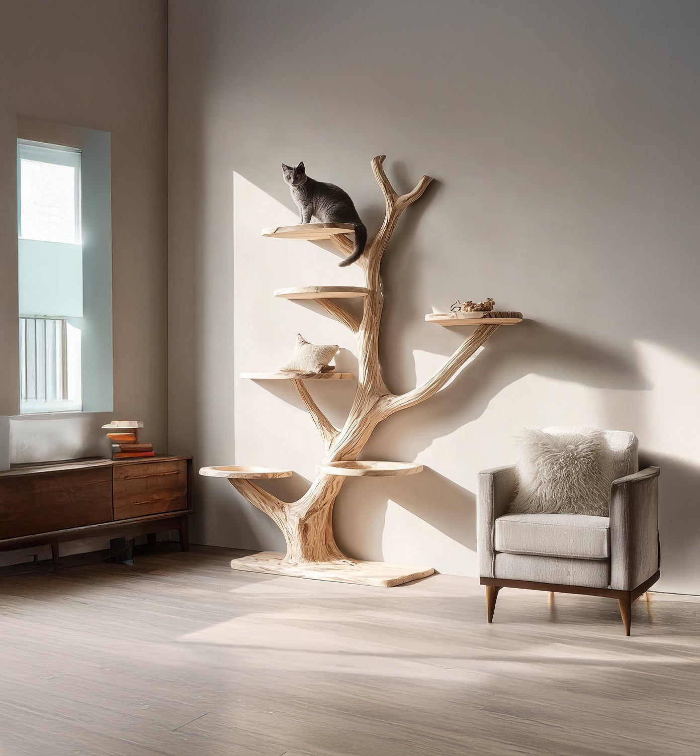 Handgefertigter Holz-Katzenbaum – mehrstöckiges rustikales Katzenmöbel