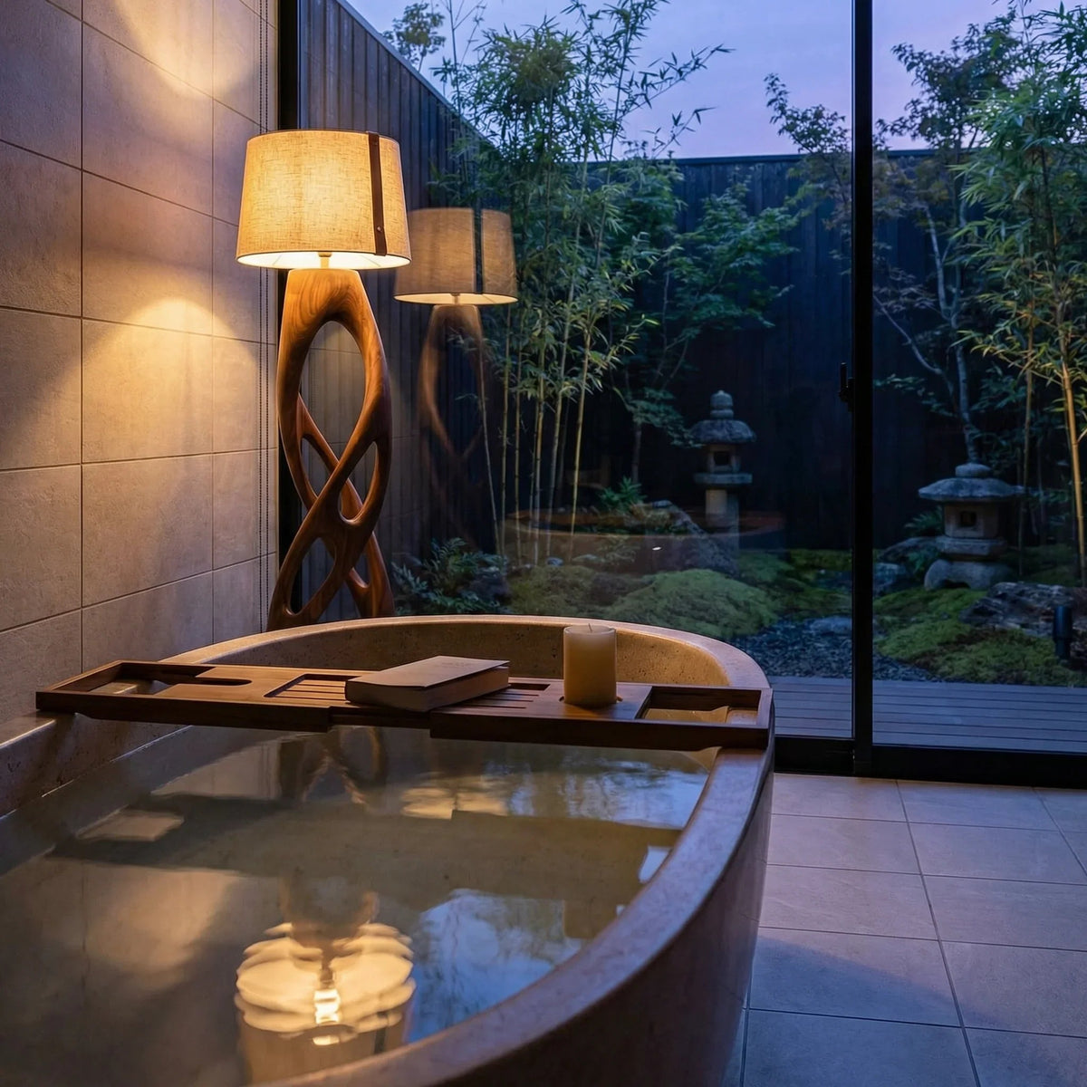 Modernes Spa-Badezimmer mit Steinbadewanne, Holz-Stehlampe und Blick auf einen ruhigen Garten