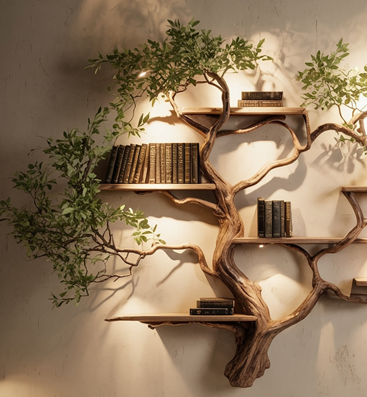 Live Edge Massivholz-Bücherregal – Baum-Design Wandregal mit Schwebenden Regalen
