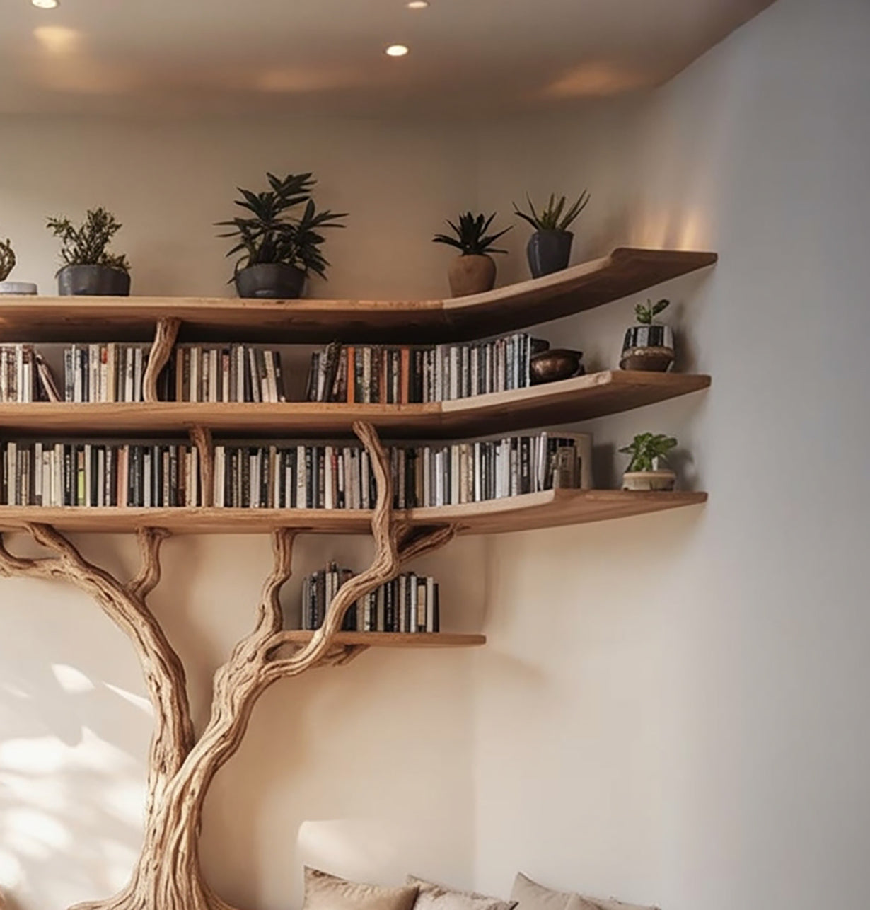 Handgefertigtes Baum-Bücherregal mit Sitzbank – Live Edge Massivholz Wandregal für Leseecke
