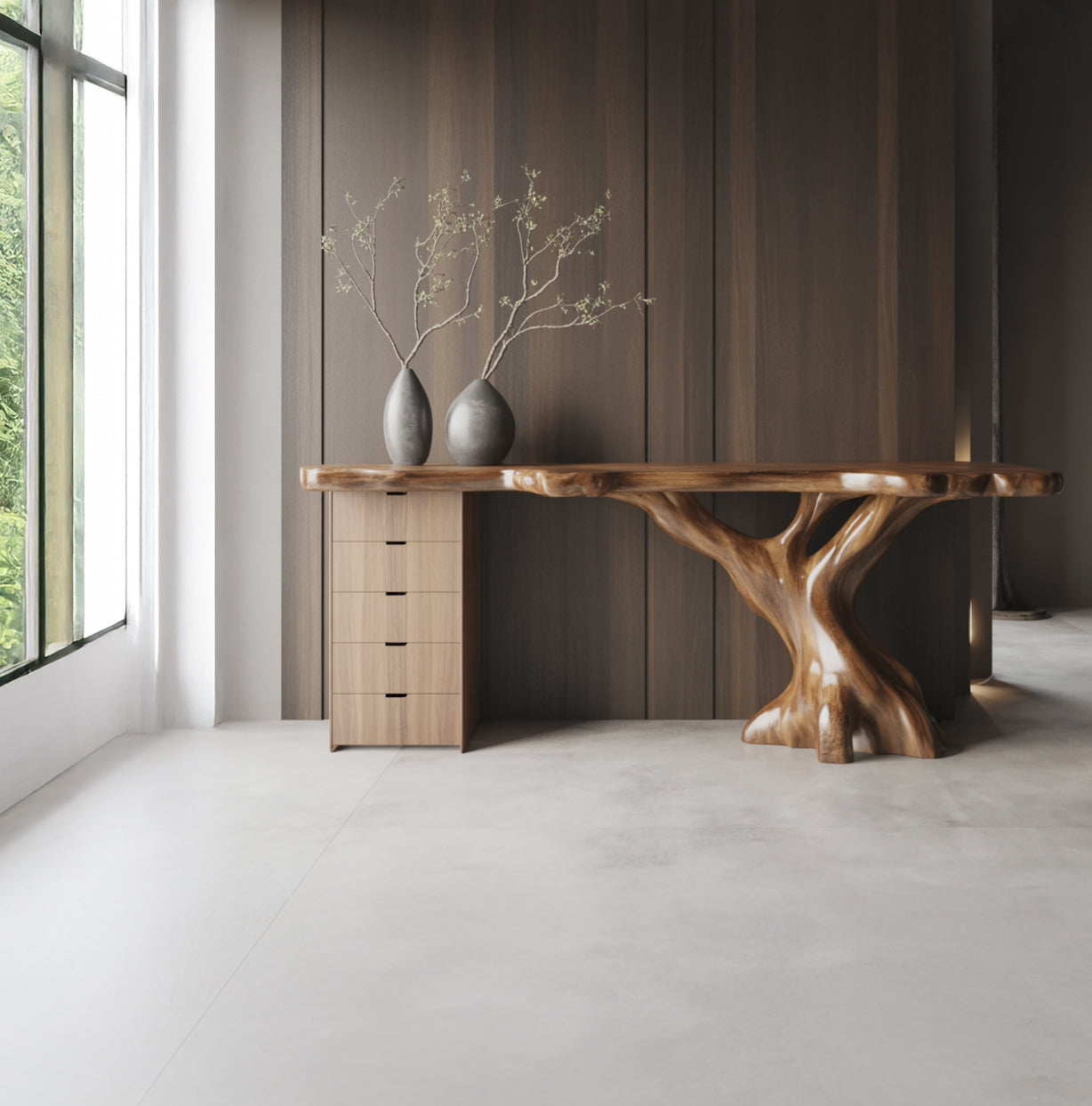 Live-Edge Schreibtisch aus Massivholz mit handgefertigtem Baumstamm-Gestell