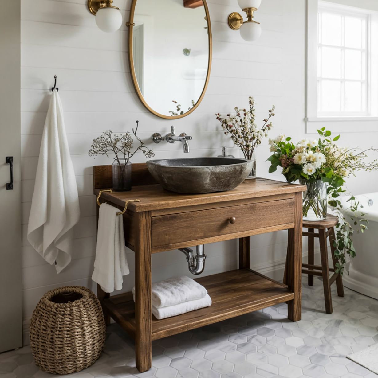 Rustikaler Bad Waschtisch aus Holz – Handgefertigtes Farmhouse Badmöbel
