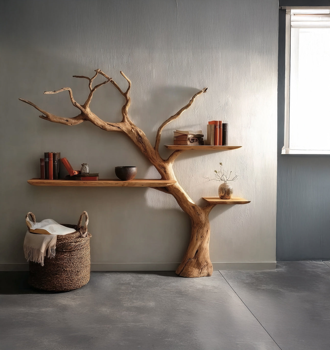Unique wooden tree branch shelves mounted on grey wall with books and decor in modern minimalist room