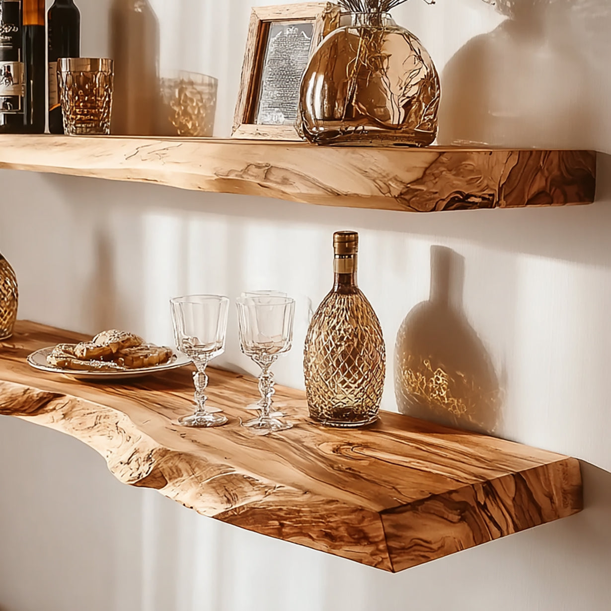 Schwebendes Bar-Regal aus Massivholz mit Naturkante – rustikales Wandregal