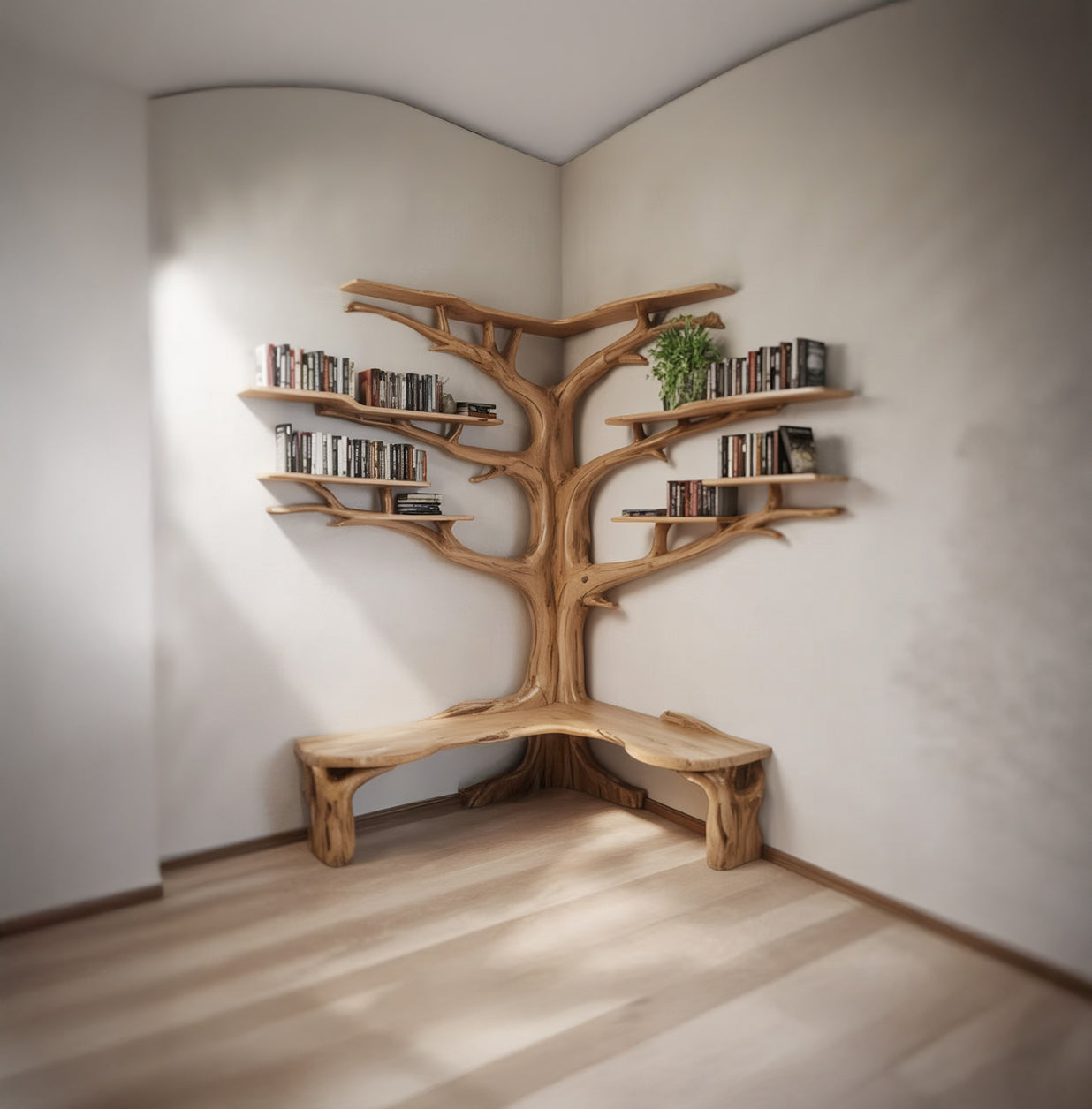 Corner wooden tree-shaped bookshelf with built-in bench holding books and a small plant in a minimalist room