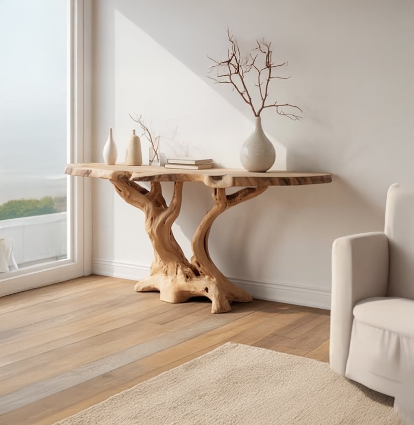 Handgefertigter Live Edge Konsolentisch aus Holz für rustikale Deko