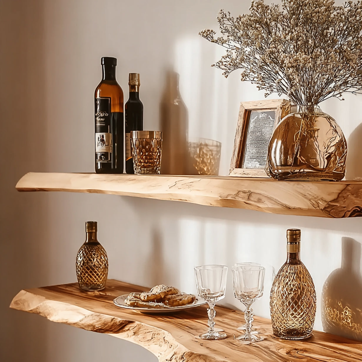 Schwebendes Bar-Regal aus Massivholz mit Naturkante – rustikales Wandregal