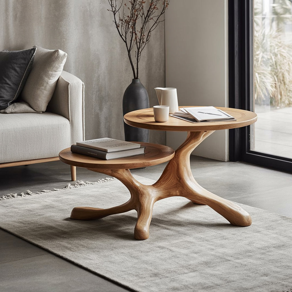 Handgefertigter Beistelltisch aus Massivholz mit Baumfuß, rustikal