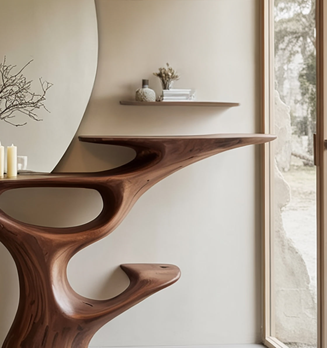 Handgefertigter Holz-Konsolentisch – Modernes, skulpturales Naturholzdesign
