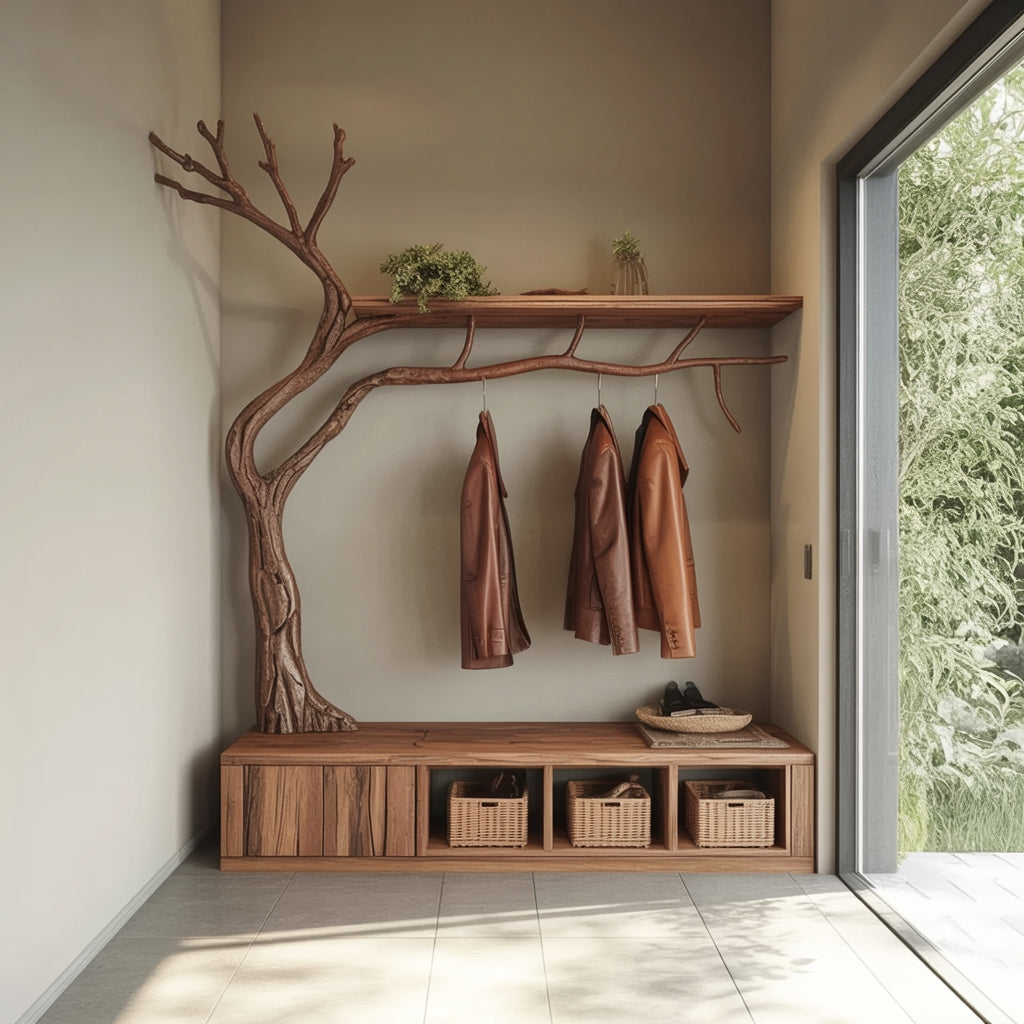 Rustikaler Holzschrank mit Baumdesign – Garderobe & Schuhregal