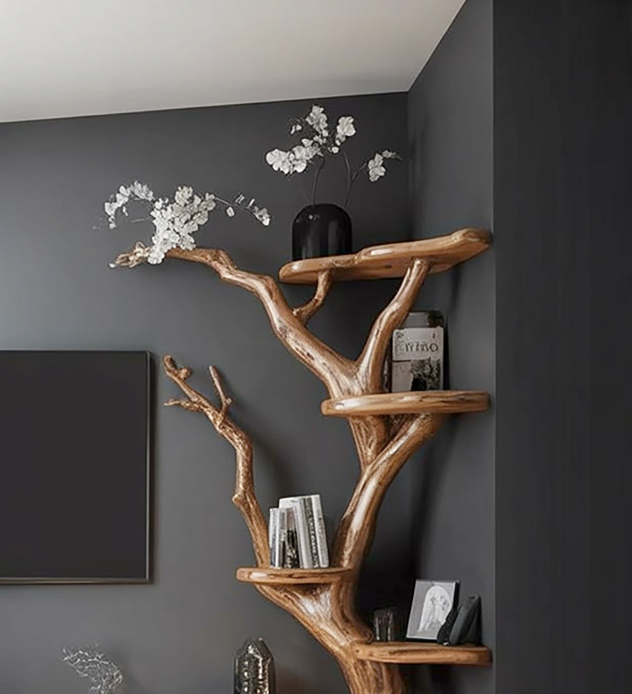 Rustikales Baum-Bücherregal & TV-Wandregal aus Holz – handgefertigt