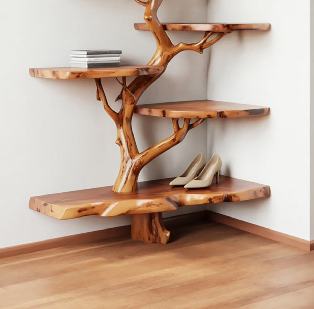 Eckregal im Baumast-Design aus Massivholz – handgefertigtes Bücherregal