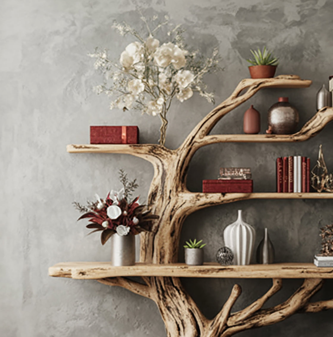 Handgefertigtes rustikales Baumregal aus Holz – Massivholz-Wandkunst
