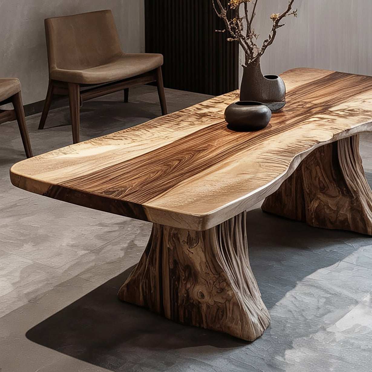 Live edge wooden coffee table with natural grain and decorative ceramic vases in modern room