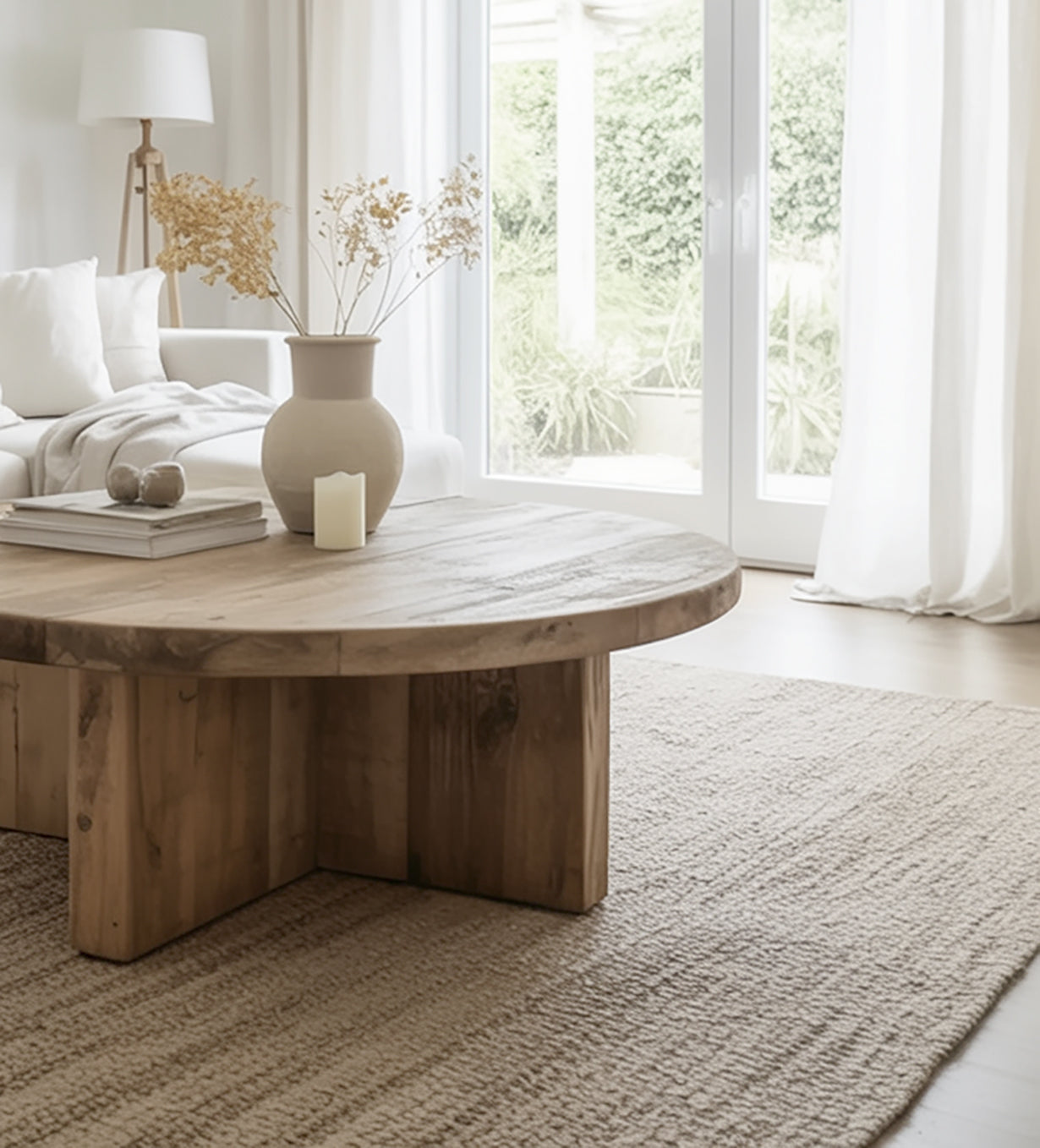 Runder Couchtisch aus recyceltem Holz – Wabi-Sabi-Designmöbel