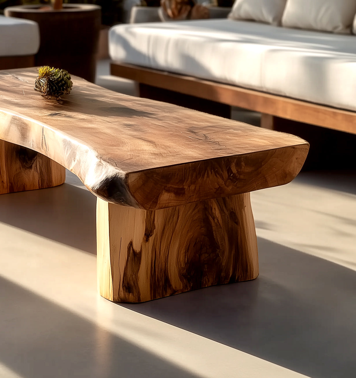 Rustikaler handgefertigter Massivholz-Couchtisch mit Schlafsofa-Funktion