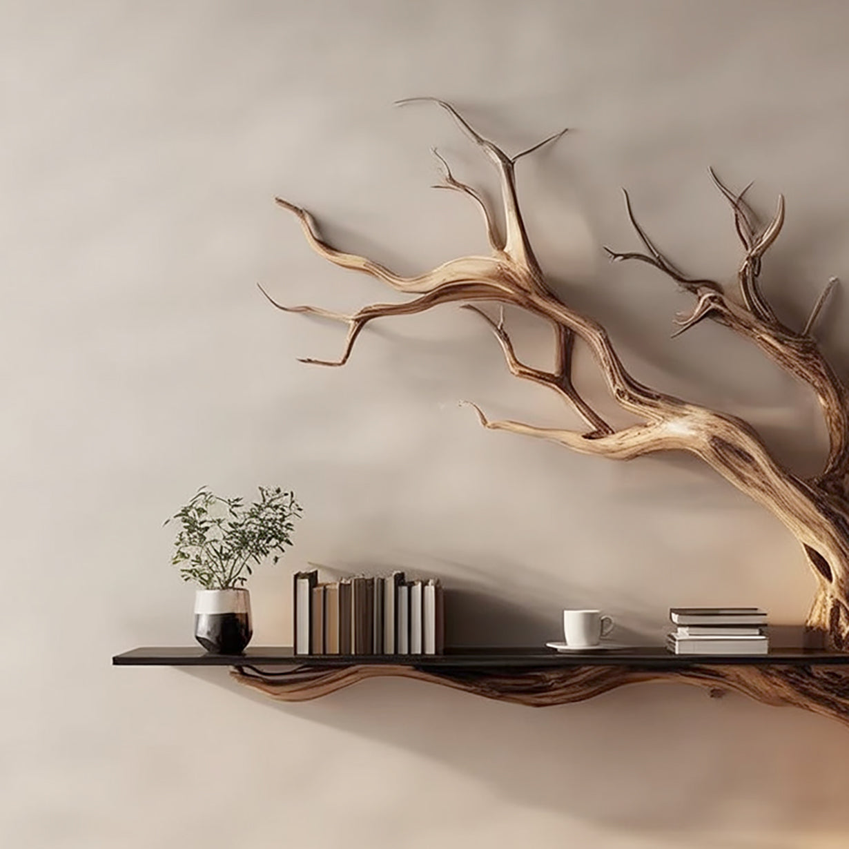 Handgefertigtes Holzbaum-Wandregal – Rustikales Ast-Bücherregal