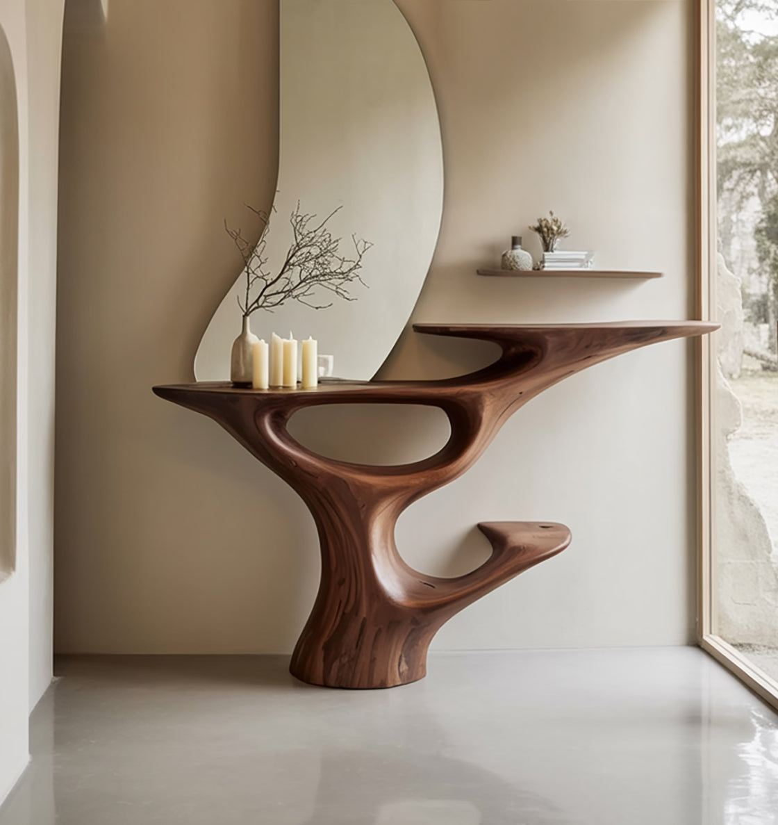 Handgefertigter Holz-Konsolentisch – Modernes, skulpturales Naturholzdesign