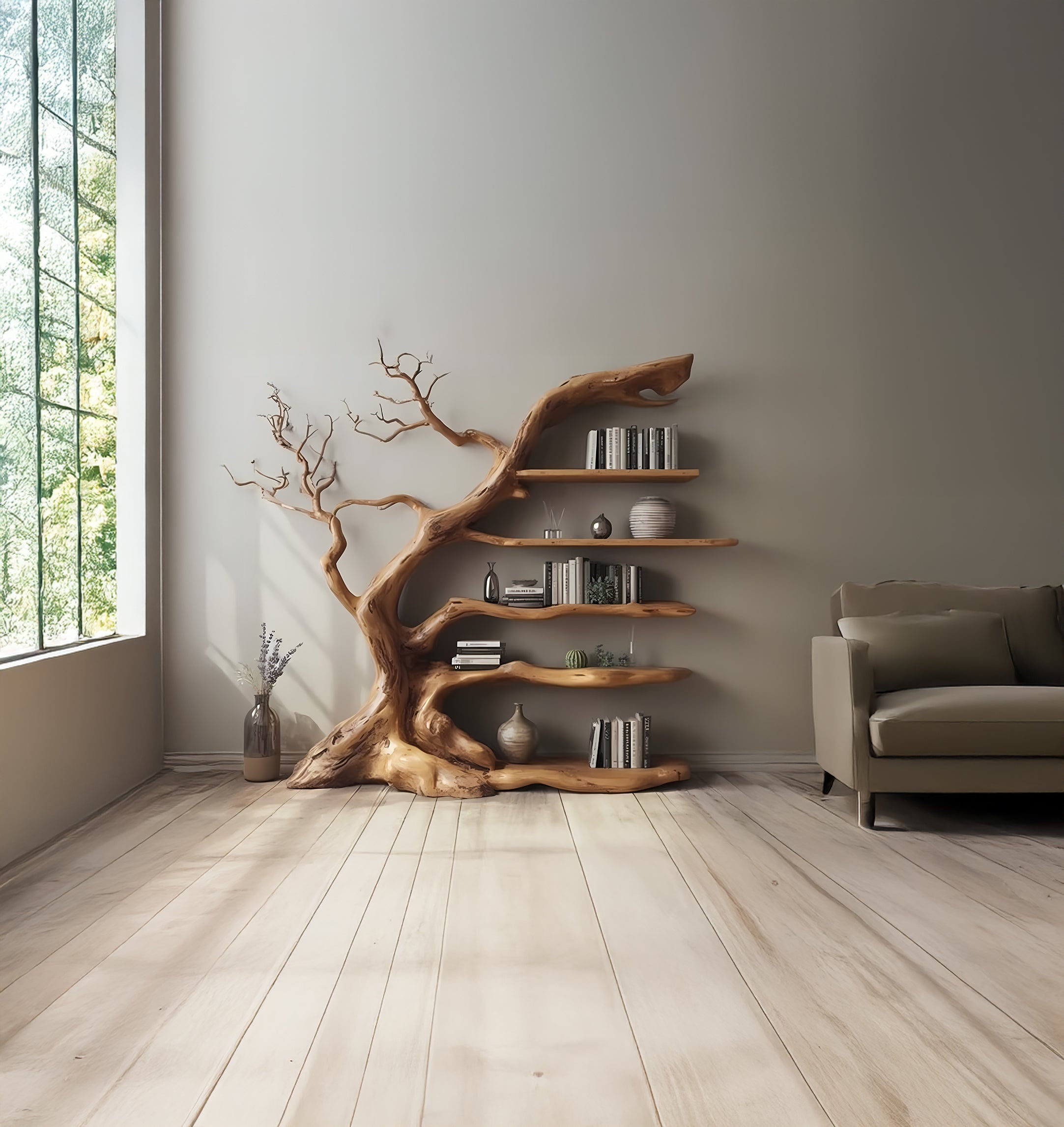 Treibholz-Baumzweig-Bücherregal – Wandmontiertes Holzregal für Wohnkultur