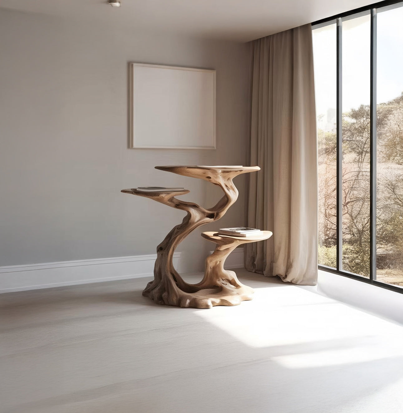 Massiver Plattenspielerständer aus Holz mit Vinylablage im Mid-Century-Stil