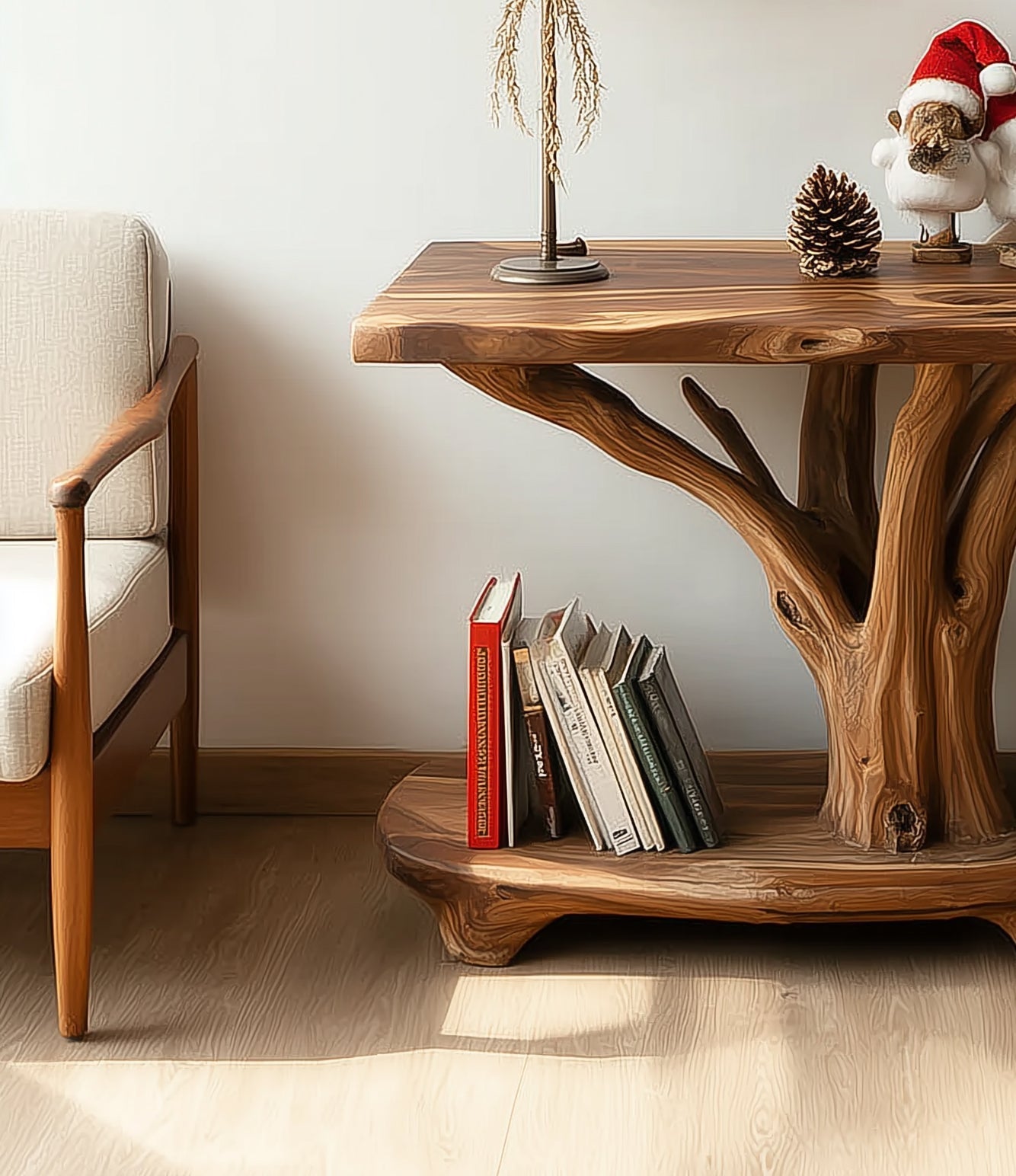 Rustikaler Massivholz-Beistelltisch mit Baumzweig-Design und Ablage