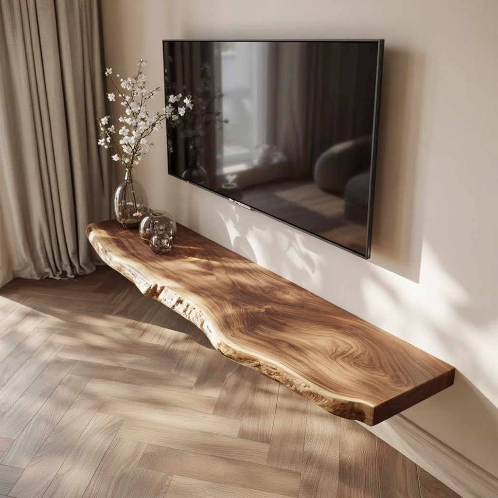 Schwebendes Massivholz-TV-Regal – Rustikal, handgefertigt & modern