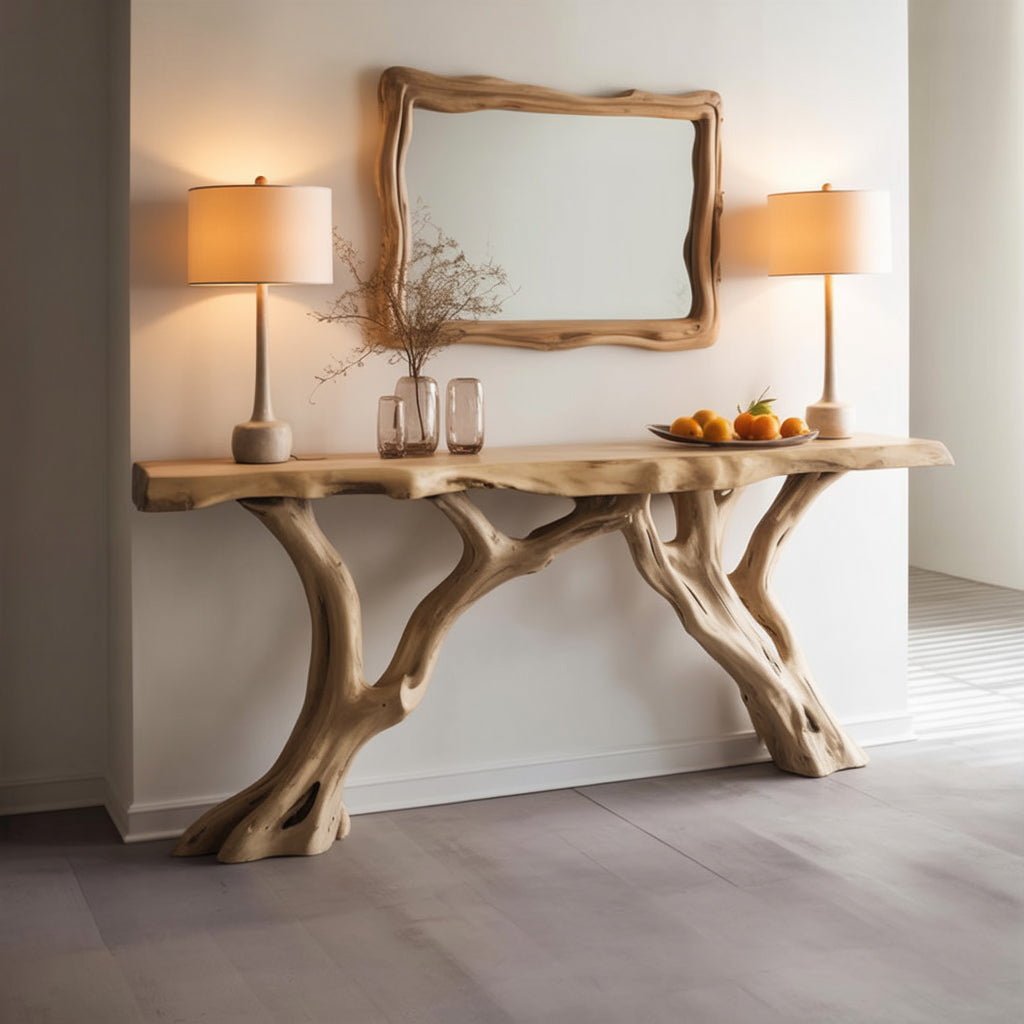 Live-Edge Konsolentisch aus Massivholz mit Baum-Basis – Farmhouse