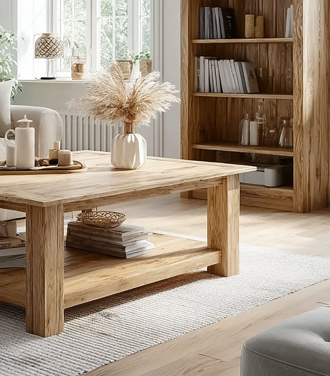 Rustikaler niedriger Couchtisch – Baumkante aus recyceltem Holz, Farmhouse-Möbel