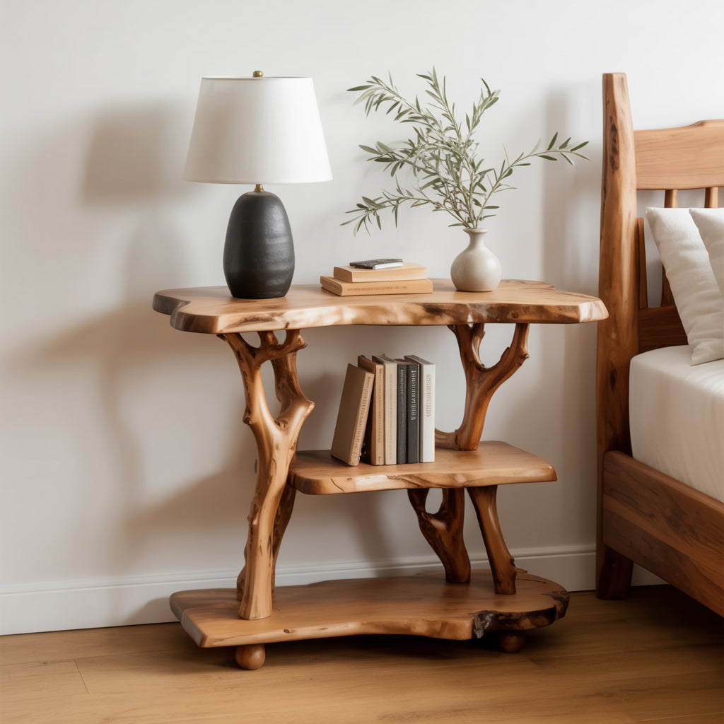 Massivholz Nachttisch aus Astholz – rustikales freistehendes Regal