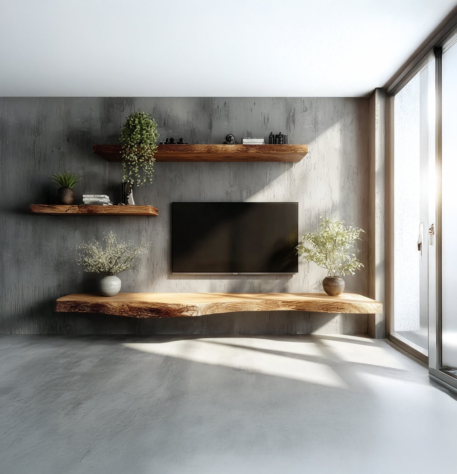 Schwebendes TV-Lowboard aus Massivholz mit Baumkante – handgefertigt