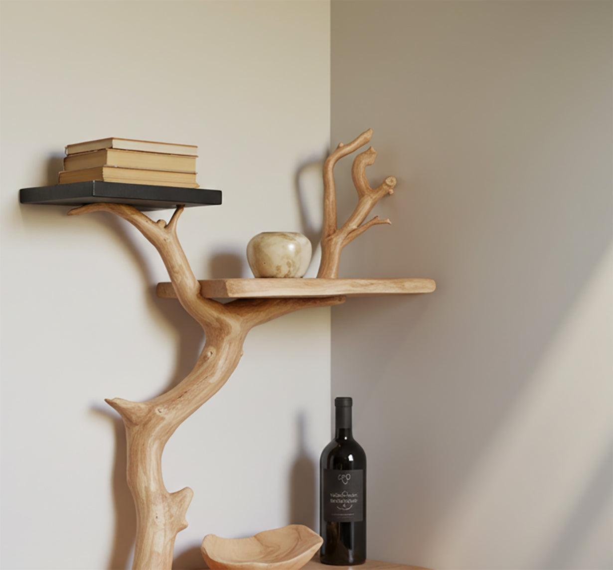 Schwebendes Eck-Bücherregal aus Baumast – Driftwood Wanddeko