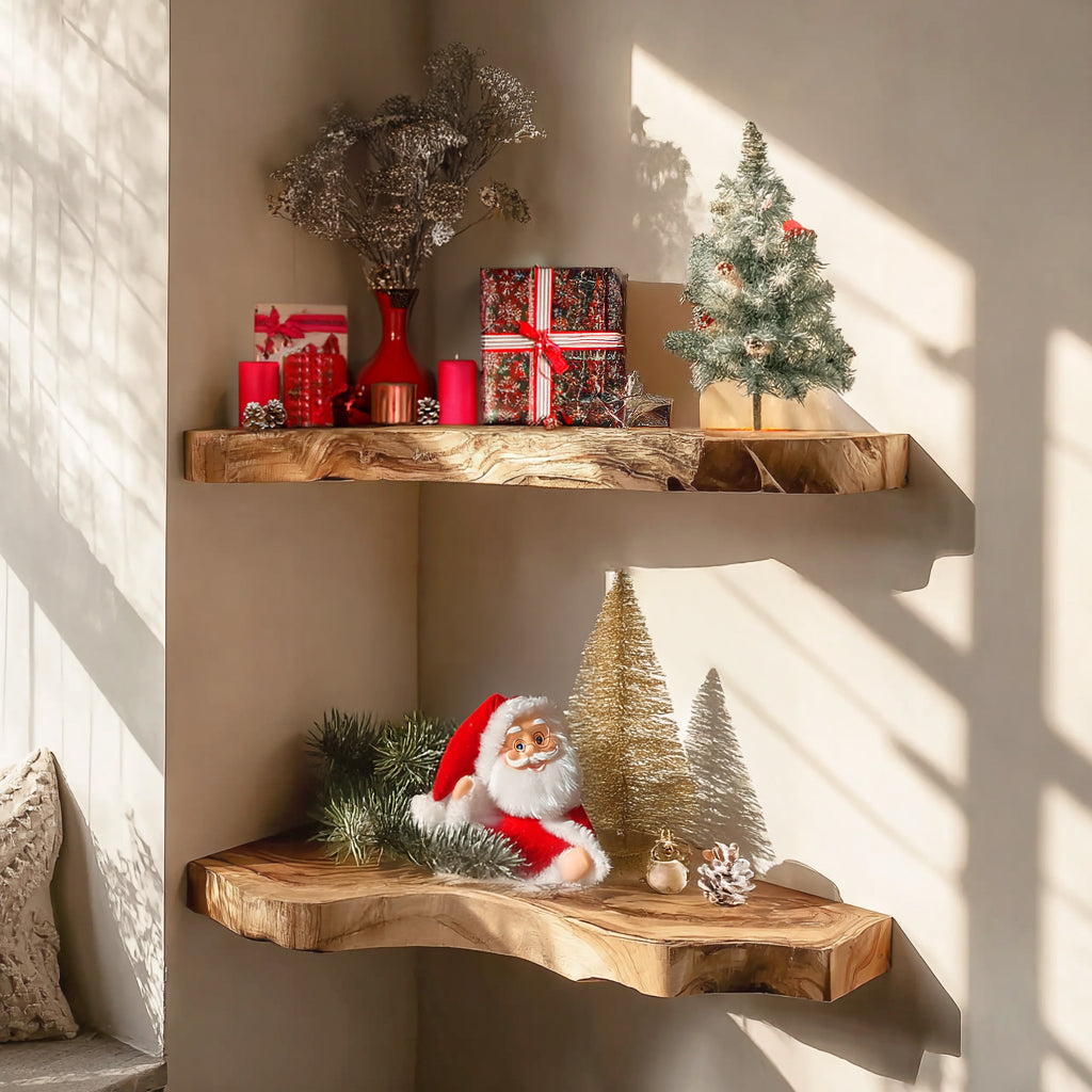 Handgefertigtes Weihnachtsregal aus Holz – Schwebendes Regal mit Baumkante