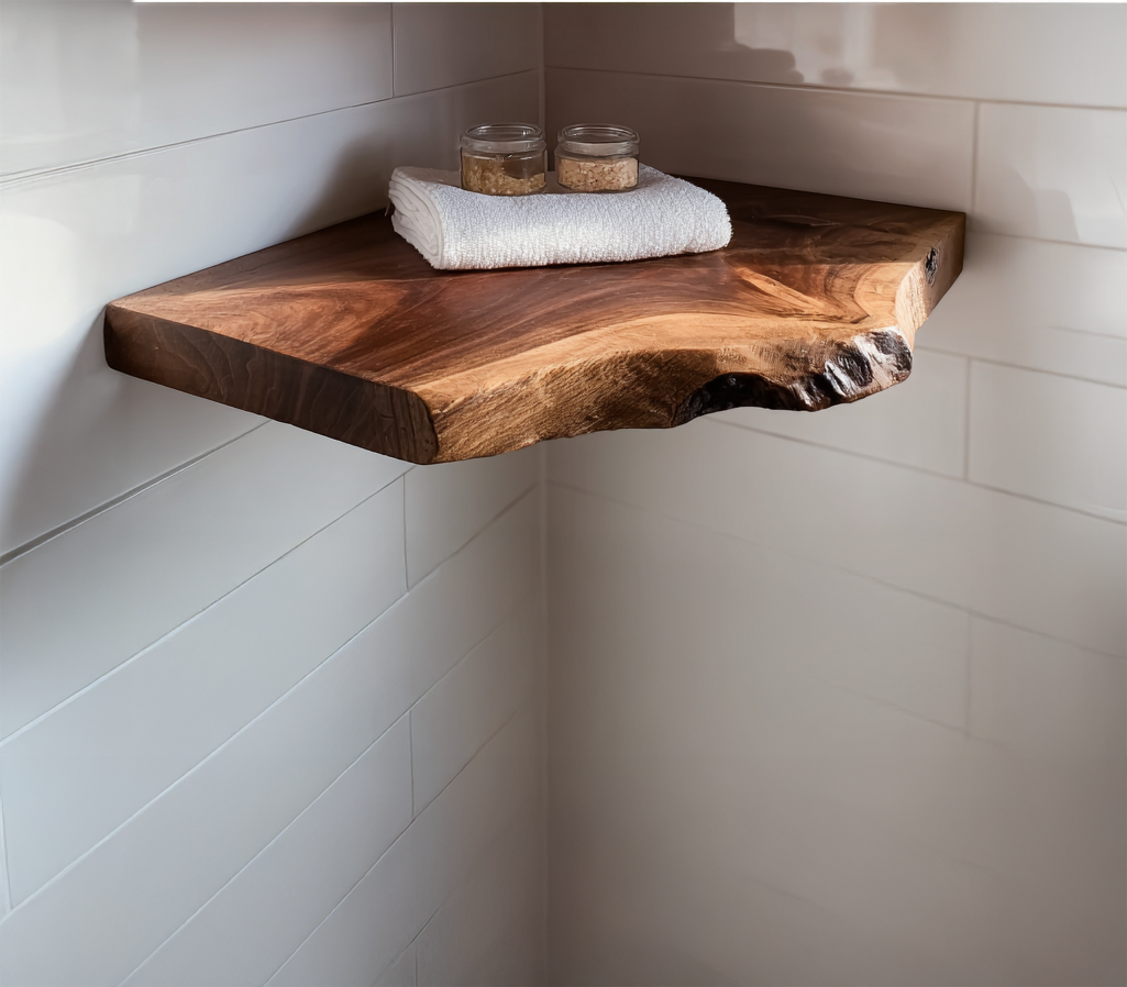 Eckregal aus Holz mit natürlicher Baumkante – rustikale Walnuss, ideal für Weihnachtsdeko & Geschenke.