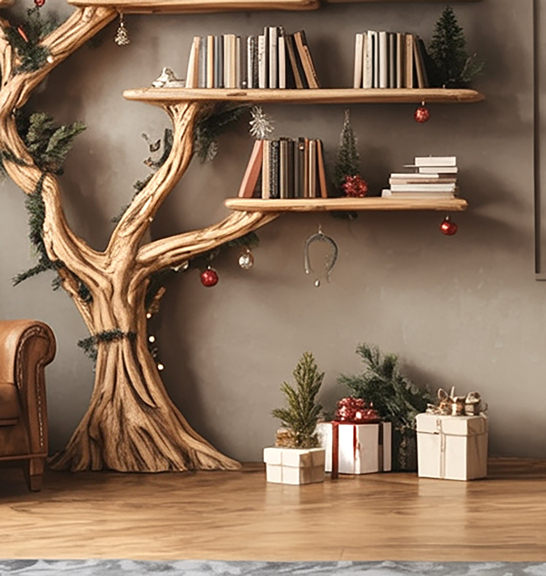 Rustikales Baum-Bücherregal aus Holz – Ast-Design fürs Wohnzimmer