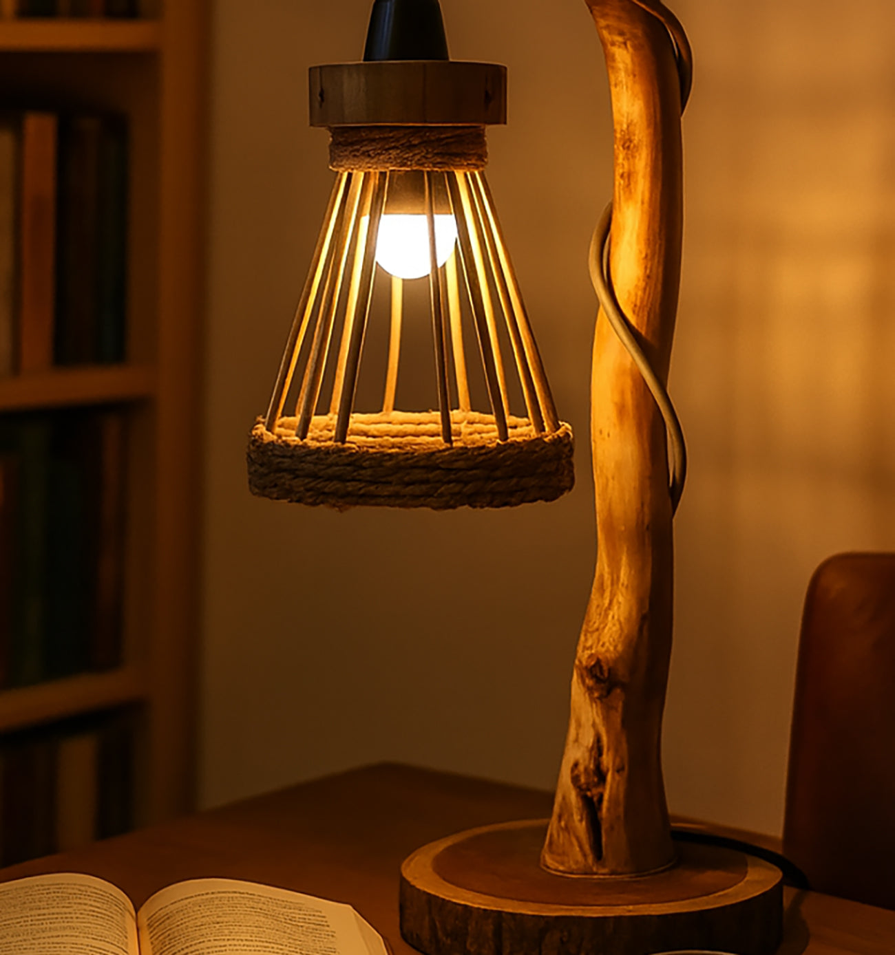 Rustikale Treibholz-Stehlampe mit Rattan-Lampenschirm – natürliche Holzbeleuchtung