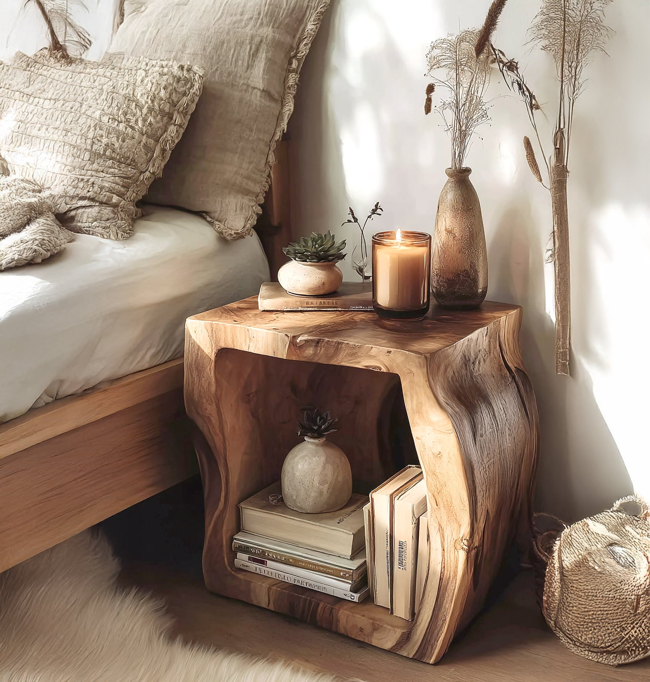 Nachttisch aus Massivholz mit Baumkante – handgefertigter Beistelltisch mit Regal