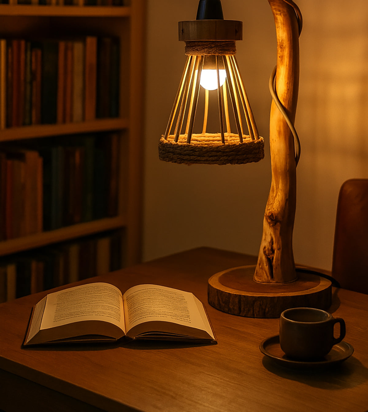 Rustikale Treibholz-Stehlampe mit Rattan-Lampenschirm – natürliche Holzbeleuchtung