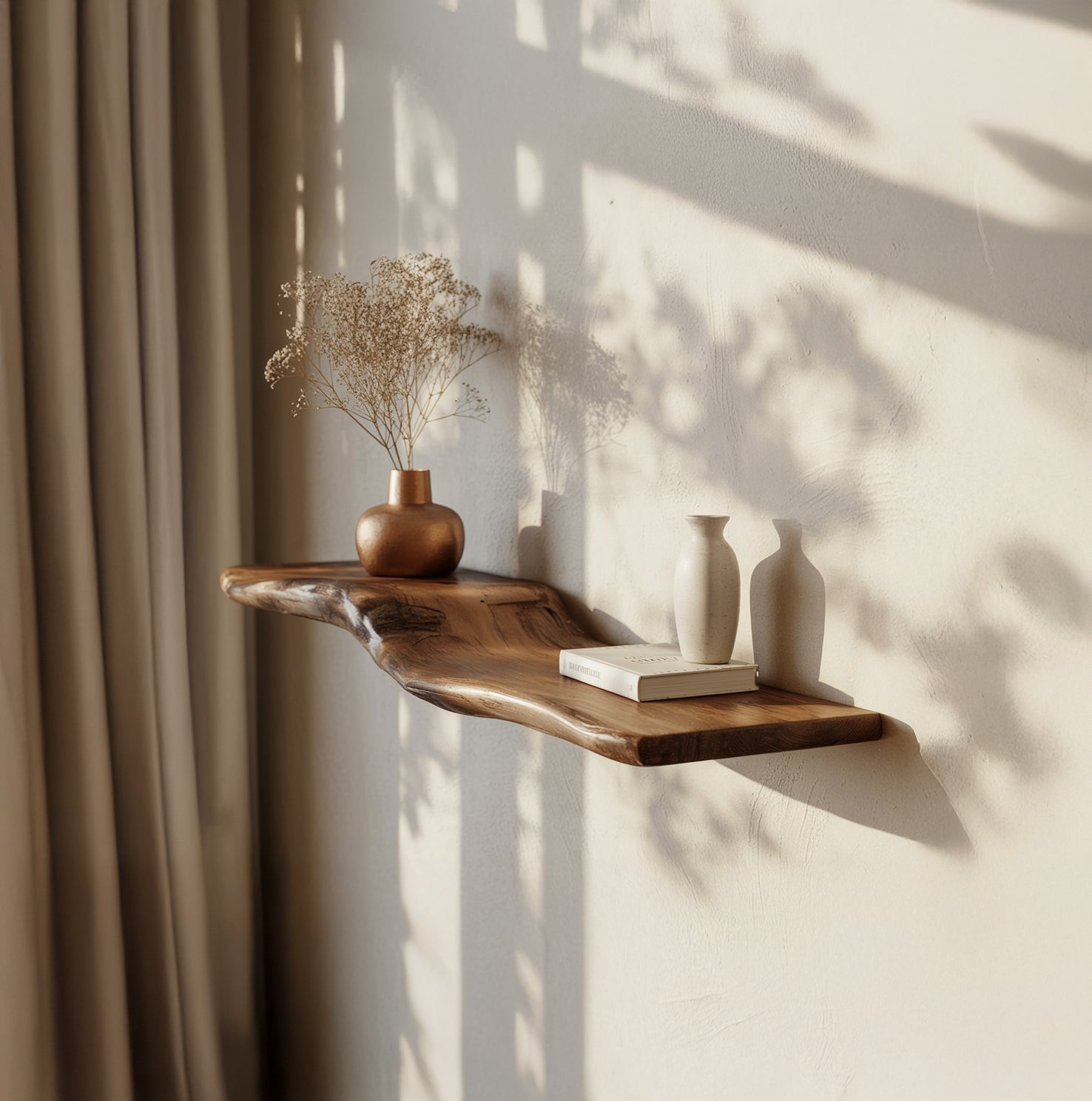 Schwebendes Holzregal mit natürlicher Baumkante – handgefertigtes Massivholz