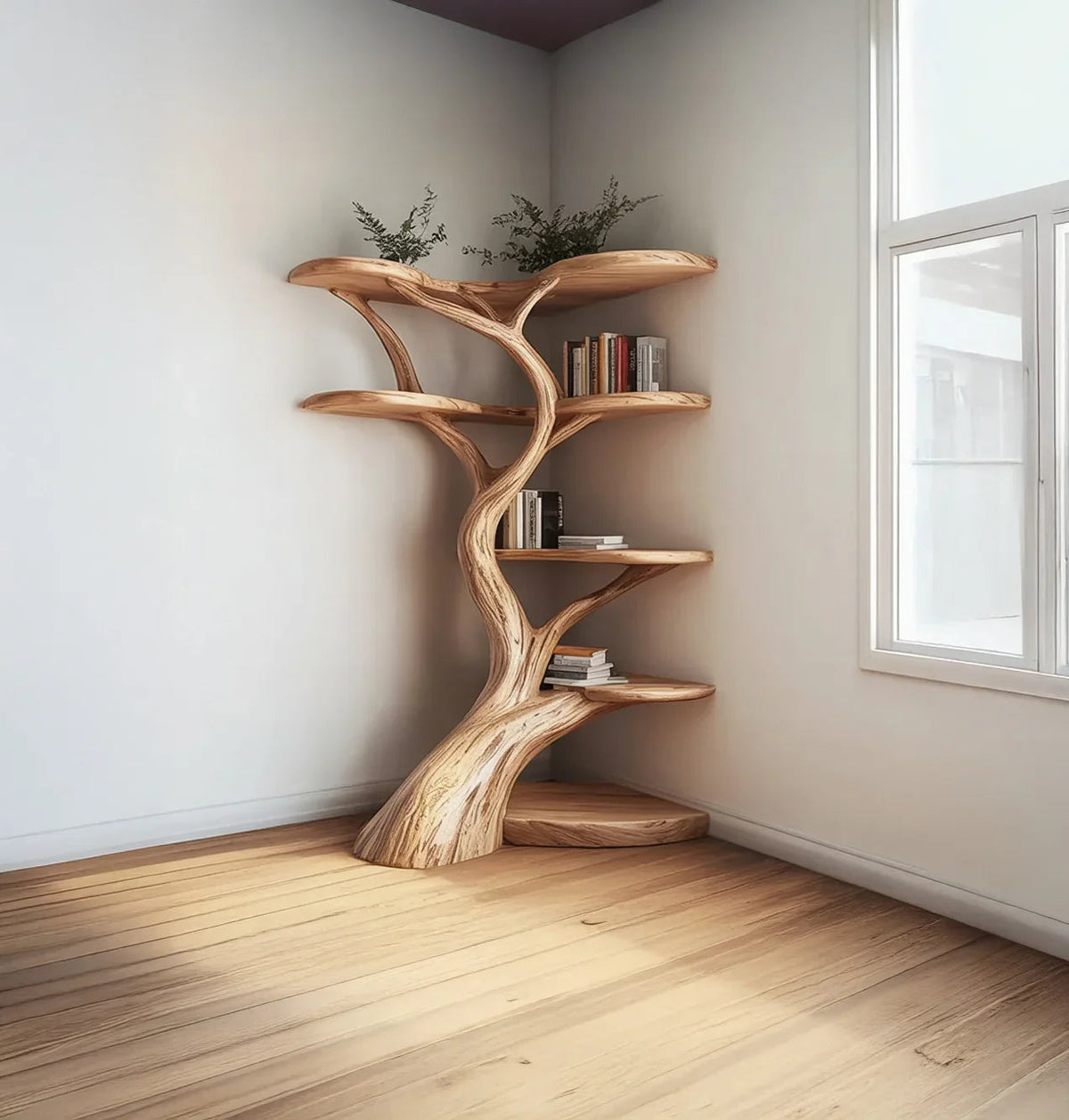 Baum-Bücherregal aus Massivholz mit Büchern und Pflanzen in einem hellen minimalistischen Raum