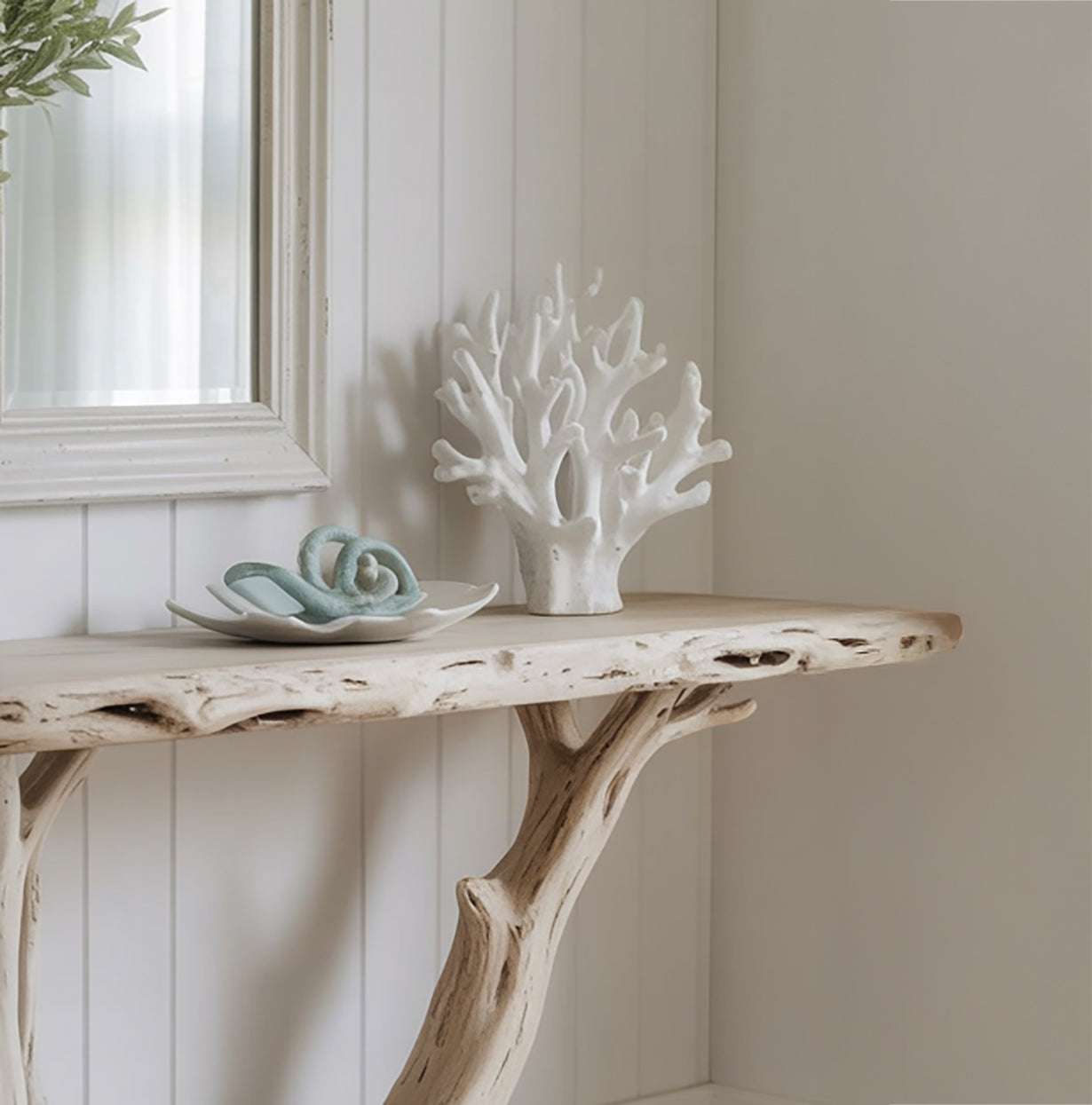 Live Edge Konsolentisch mit Skulpturalem Holzfuß – Handarbeit