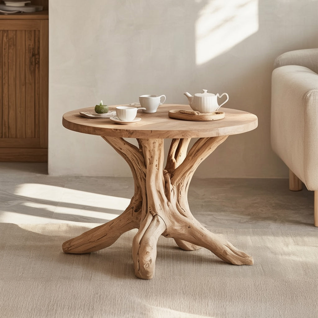 Runder Beistelltisch aus Massivholz mit skulpturalem Wurzelgestell
