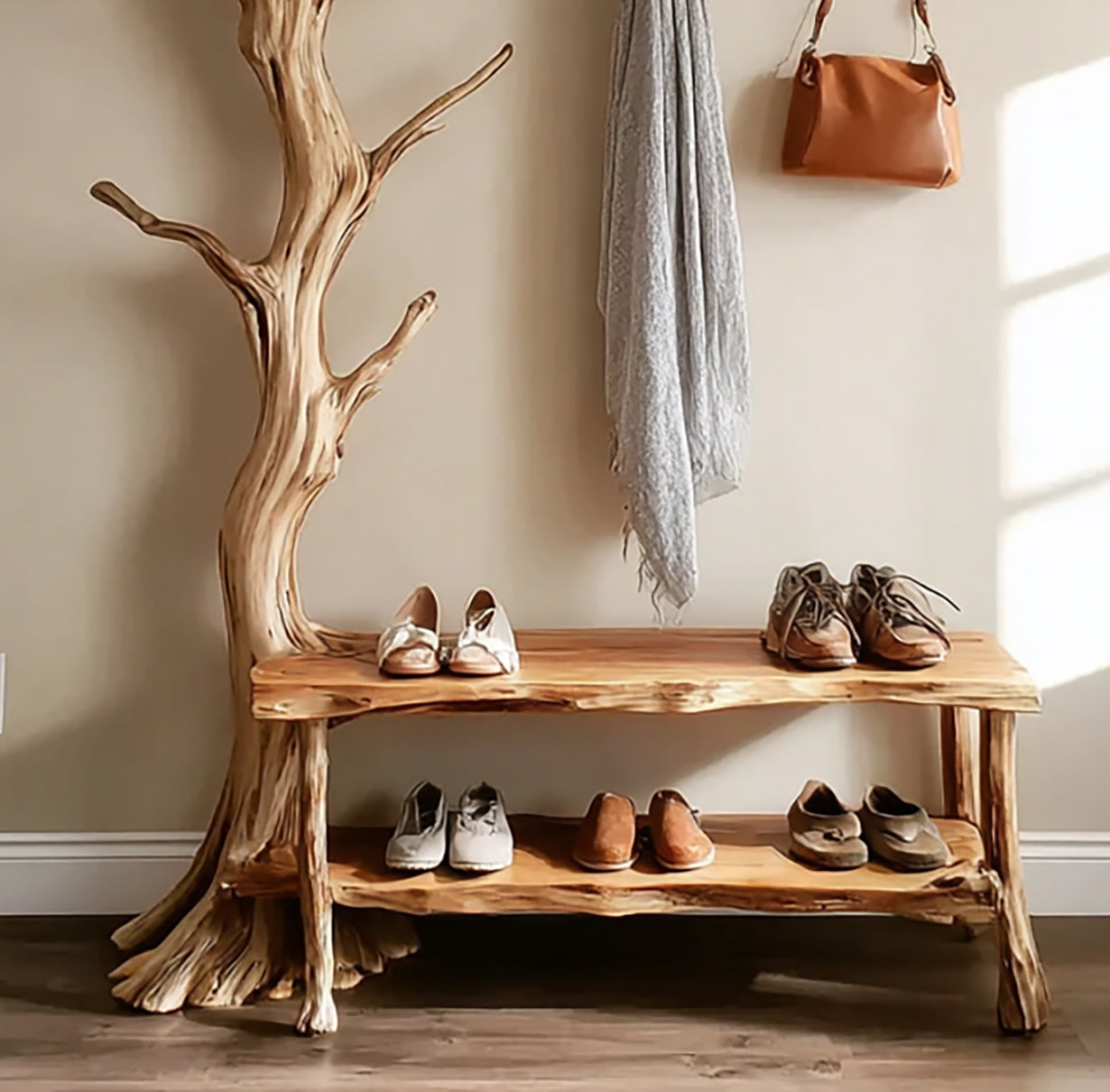 Natürliche Garderobe aus Baumästen – Wandmontierter Treibholz-Kleiderhaken