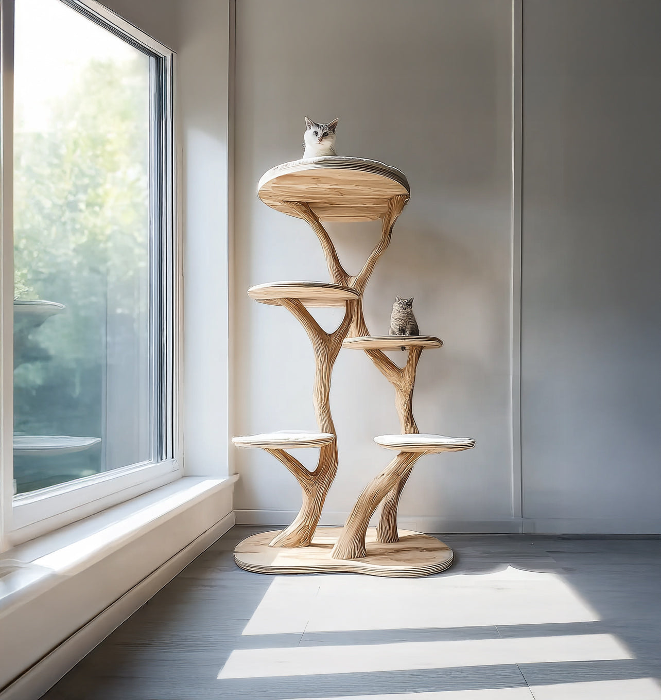 Handgefertigter Katzenbaum aus Massivholz mit organischem Astdesign