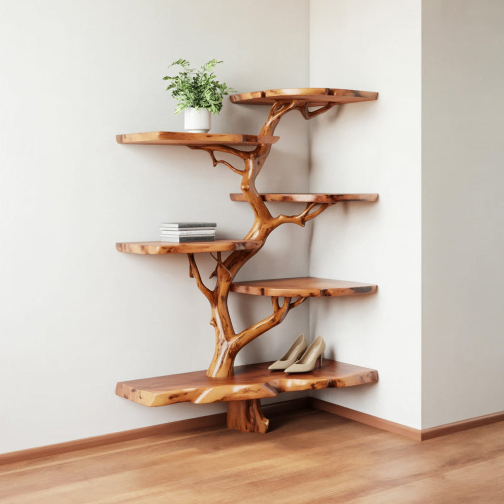 Eckregal im Baumast-Design aus Massivholz – handgefertigtes Bücherrega