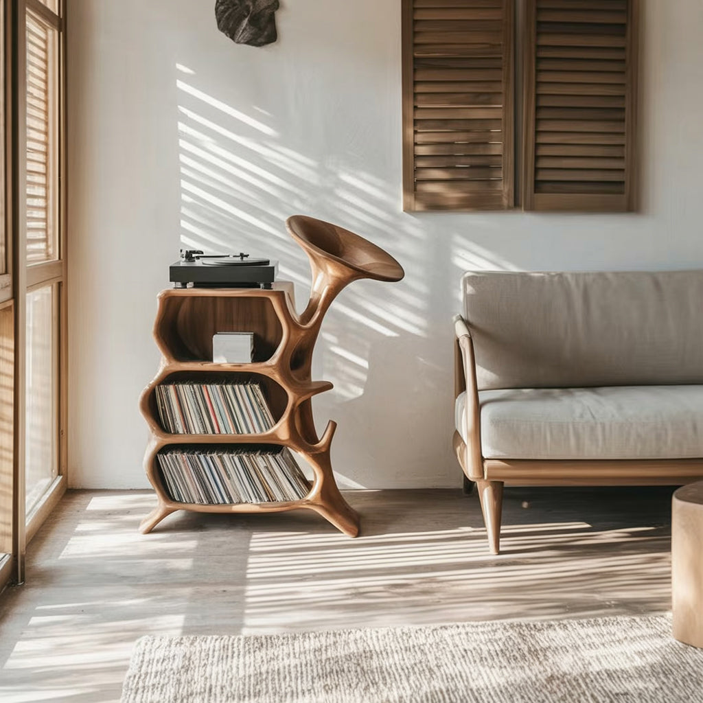 Schallplatten-Schrank aus Massivholz mit Live Edge & Plattenspielerständer