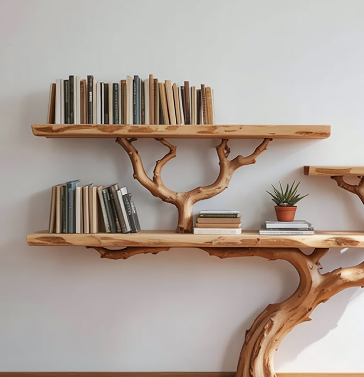 Baumast-Bücherregal für den Boden aus Massivholz mit natürlicher Baumkante