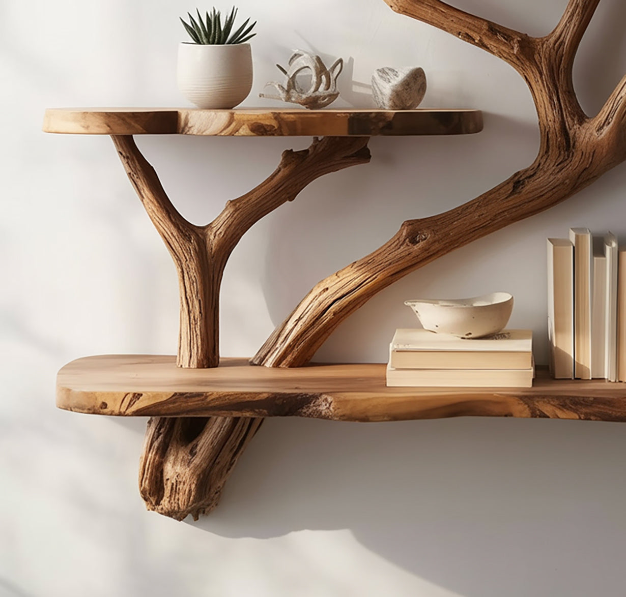 Handgefertigtes Baum-Wandbücherregal – Skulpturales schwebendes Holzregal