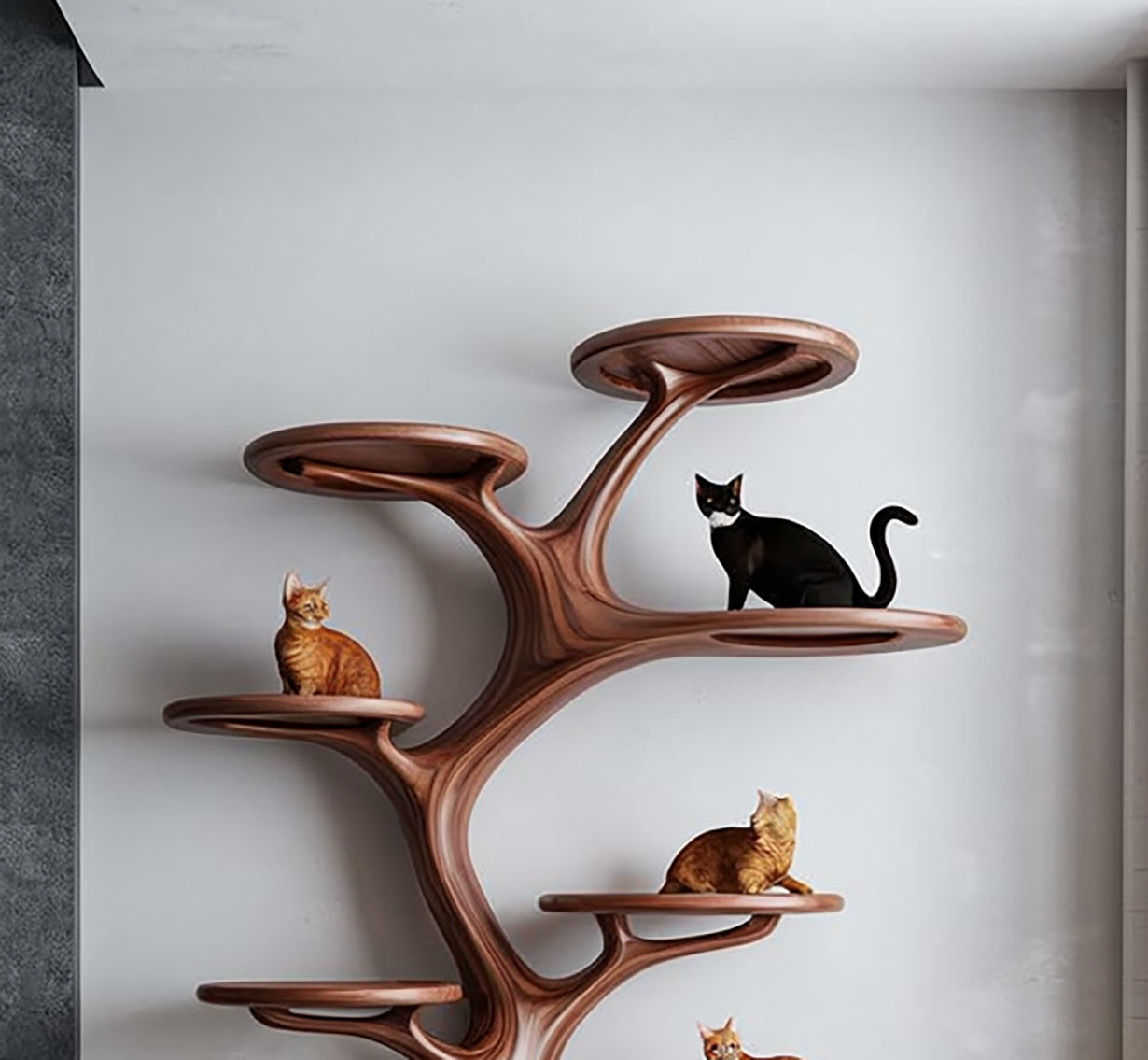 Künstlerischer Ast-Katzenbaum & Bücherregal – mehrstufige Holz-Wandskulptur