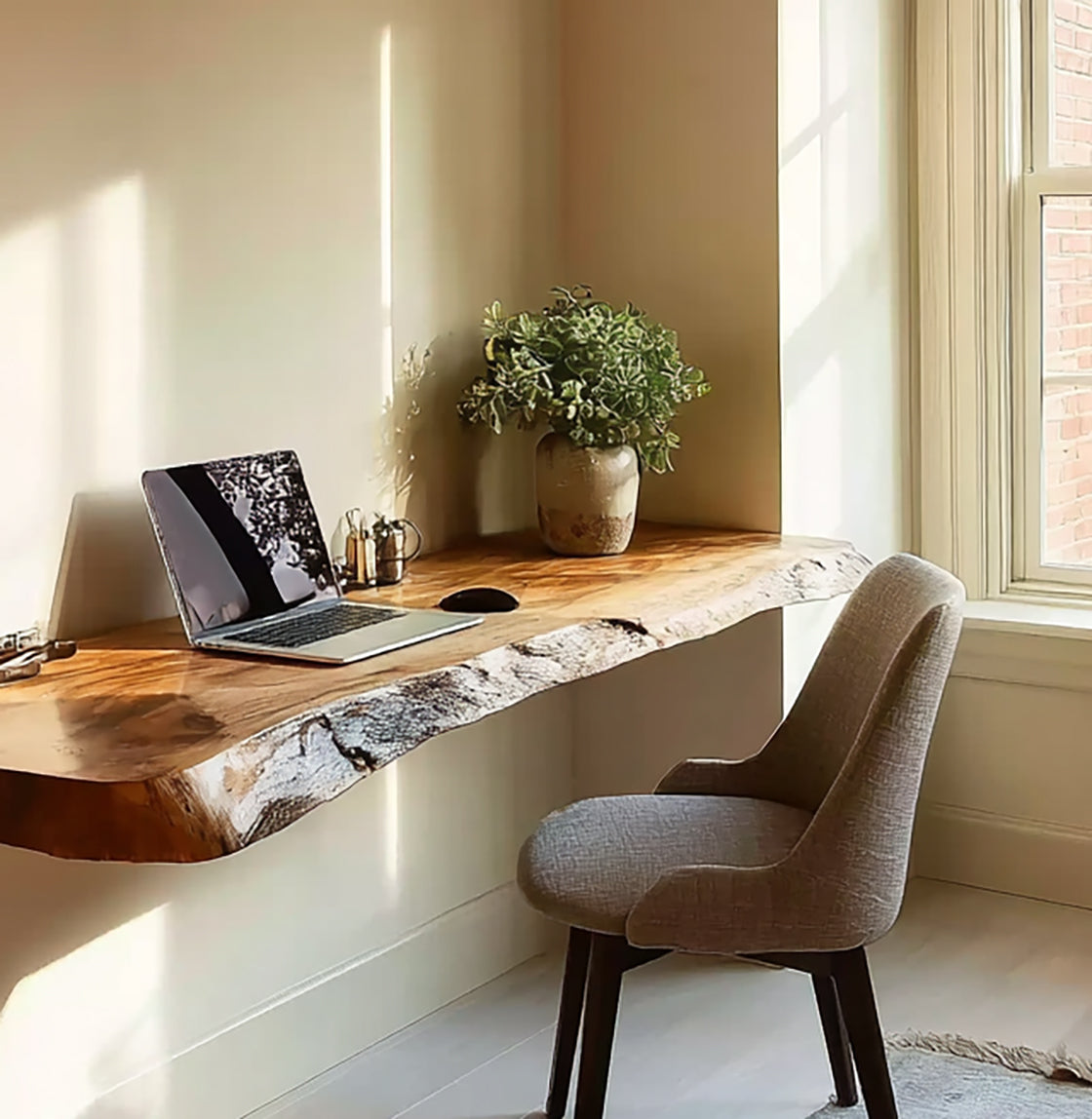 Handgefertigter Floating-Desk aus Massivholz mit Naturkante – Für Homeoffice