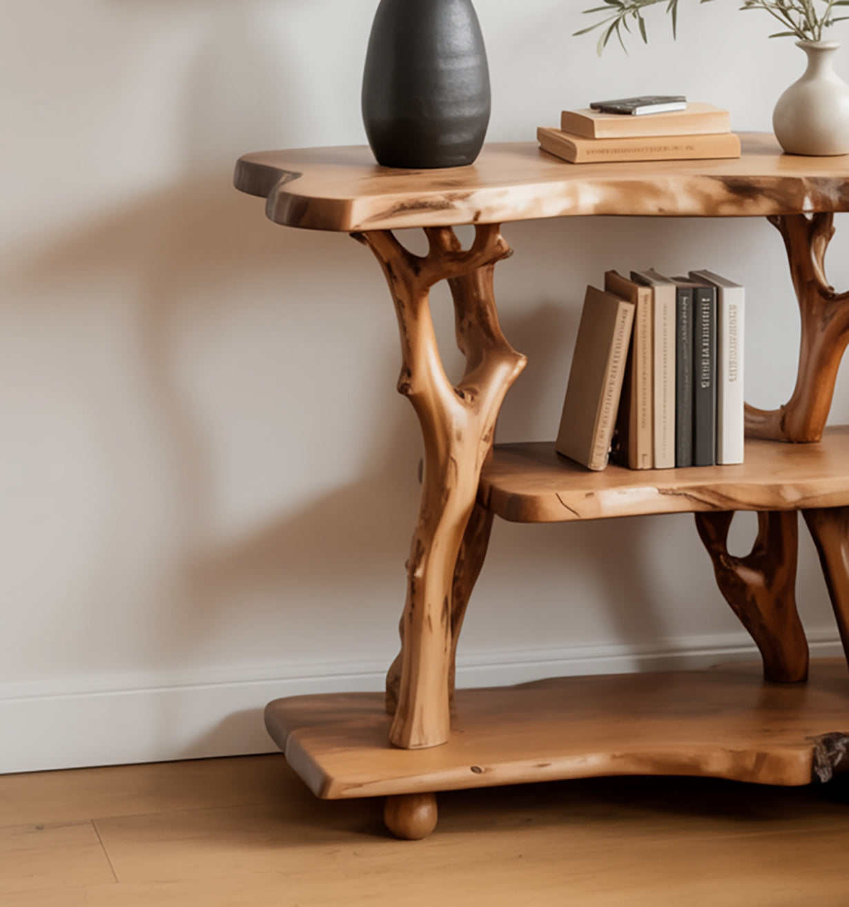 Massivholz Nachttisch aus Astholz – rustikales freistehendes Regal
